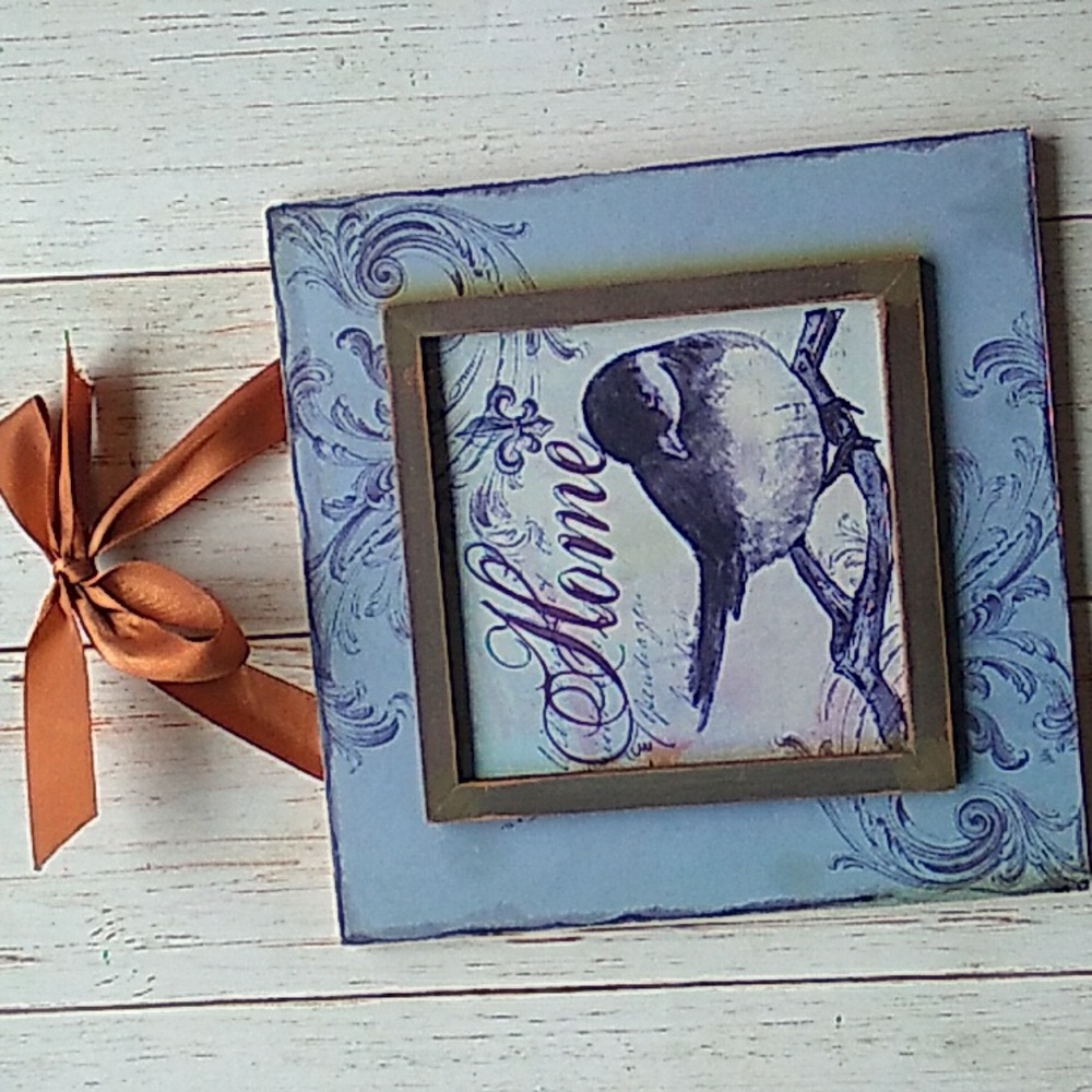 Bird painting, wall decor wooden frame
